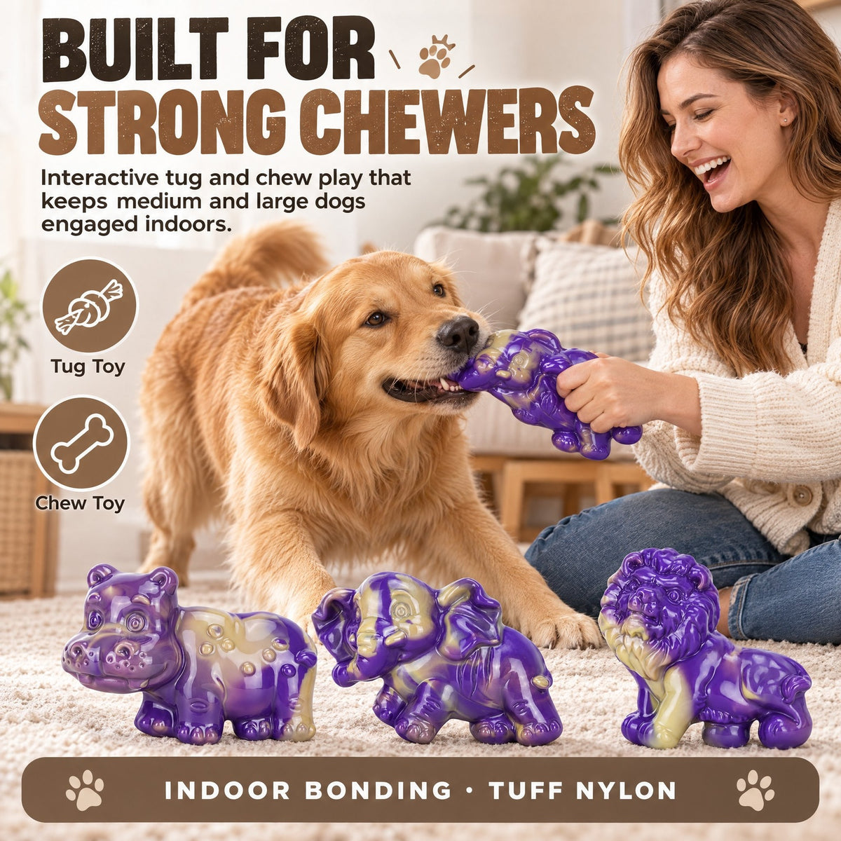 FrienHund 3-Pack Tough Dog Chew Toys for Aggressive Chewers 25-85lbs, Nylon Bacon Flavored, Indestructible Dog Toys for Medium & Large Dogs, Reduce Destructive Chewing, Relieve Anxiety, Teeth Cleaning