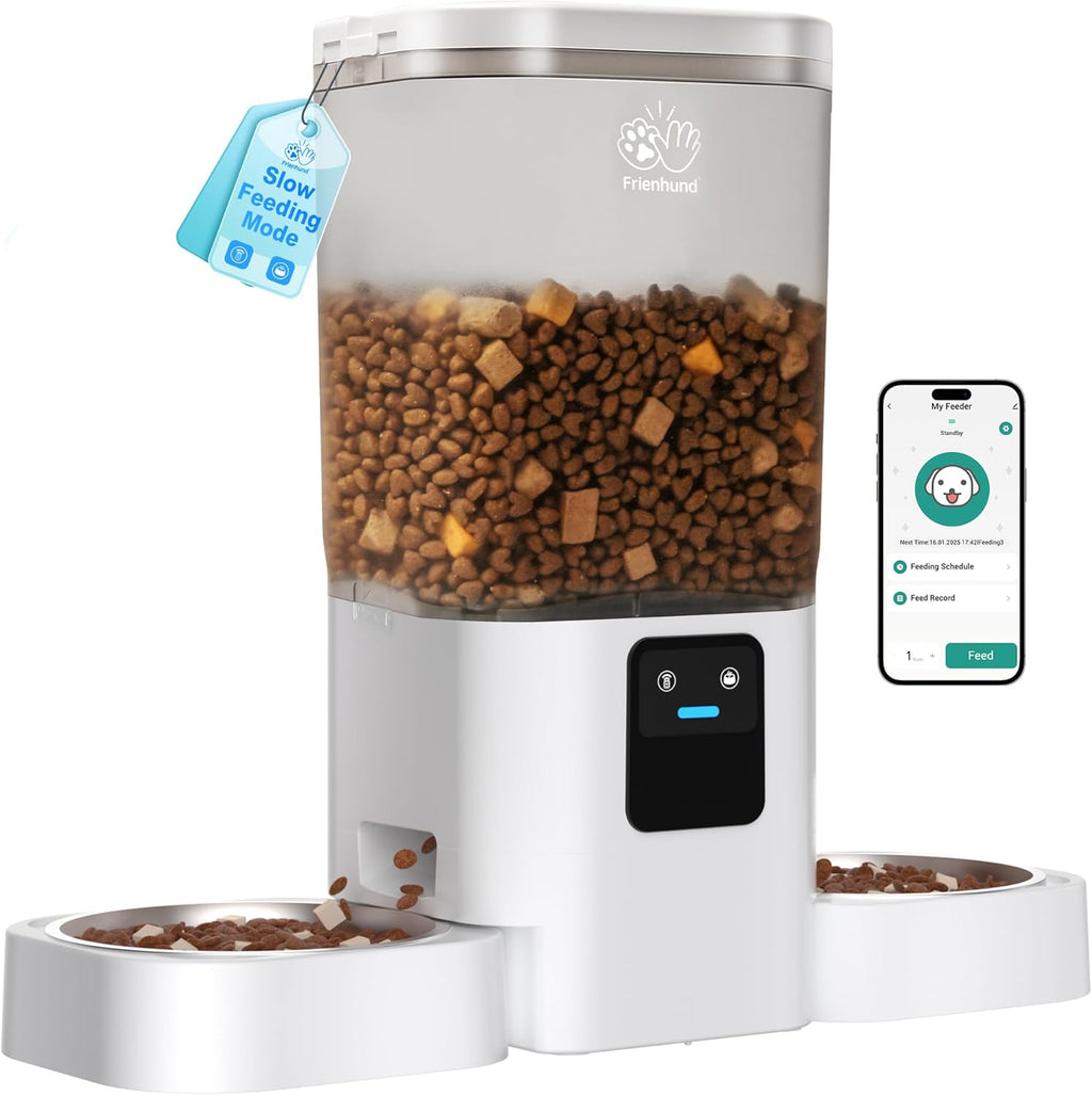 FrienHund 7L Automatic Cat Feeder for 2 Bowls with App with 5G WiFi Automatic cat food, dual band WiFi, slow feeding, dual power supply, Alexa compatible