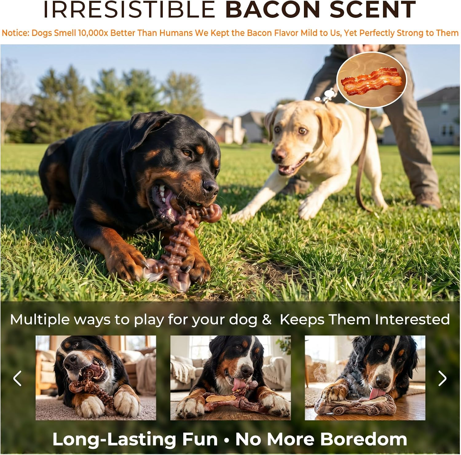 3-Pack Bacon Hard Nylon Chew Bones for 25-90lbs Medium Large Aggressive Chewers