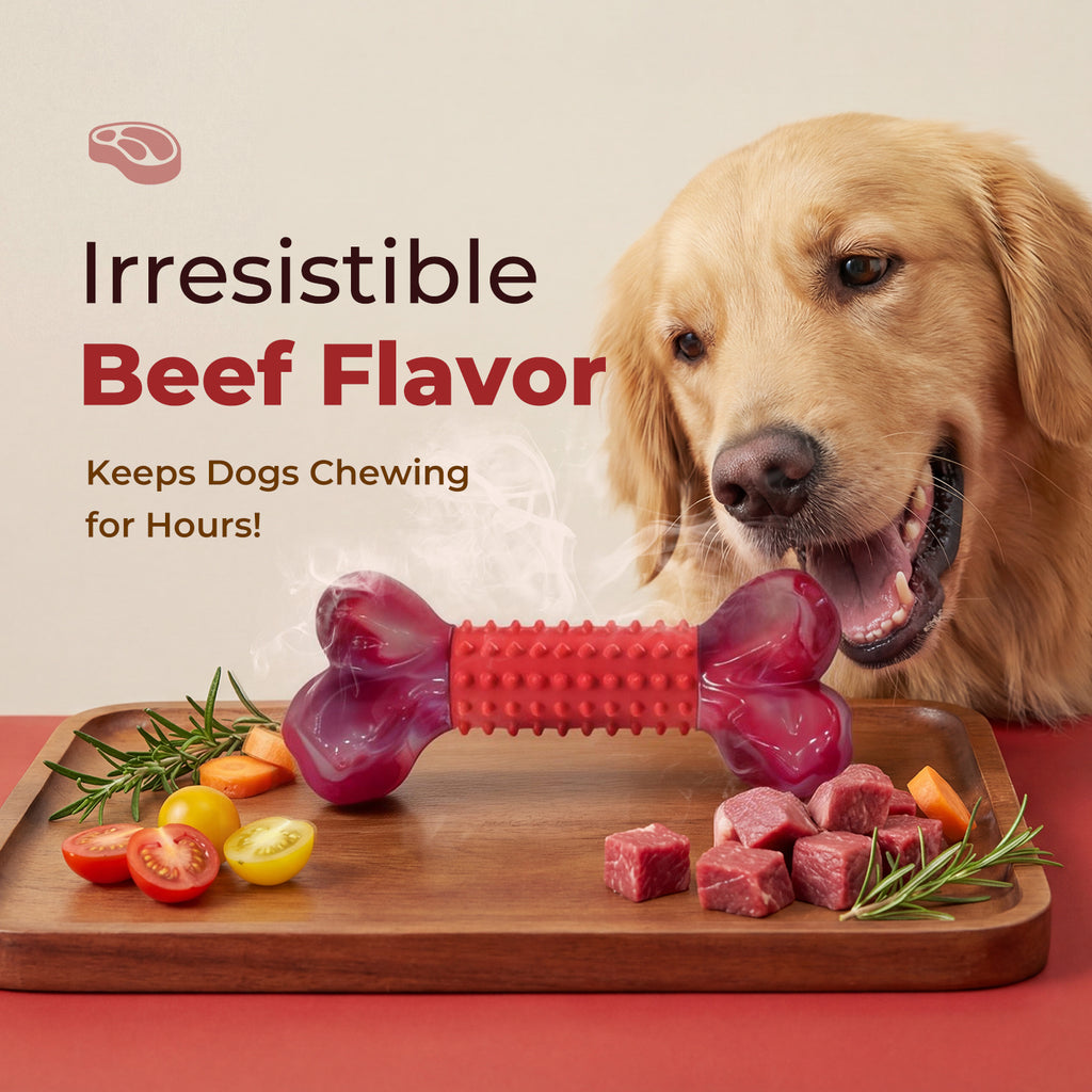 Tough Dog Toys for Aggressive Chewers Beef Flavor: 8" Dog Chew Bone for Large Breed, Nylon & Rubber Chew Toy for Medium Large Dogs