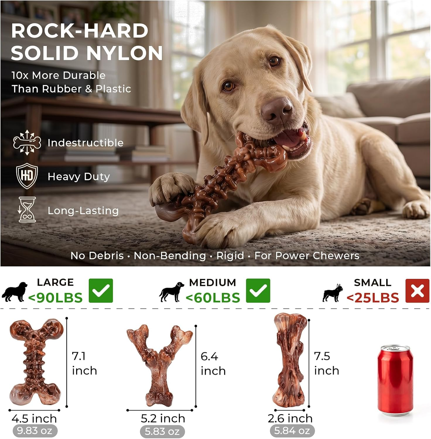 3-Pack Bacon Hard Nylon Chew Bones for 25-90lbs Medium Large Aggressive Chewers