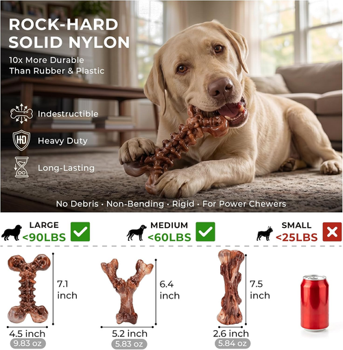 3-Pack Bacon Hard Nylon Chew Bones for 25-90lbs Medium Large Aggressive Chewers