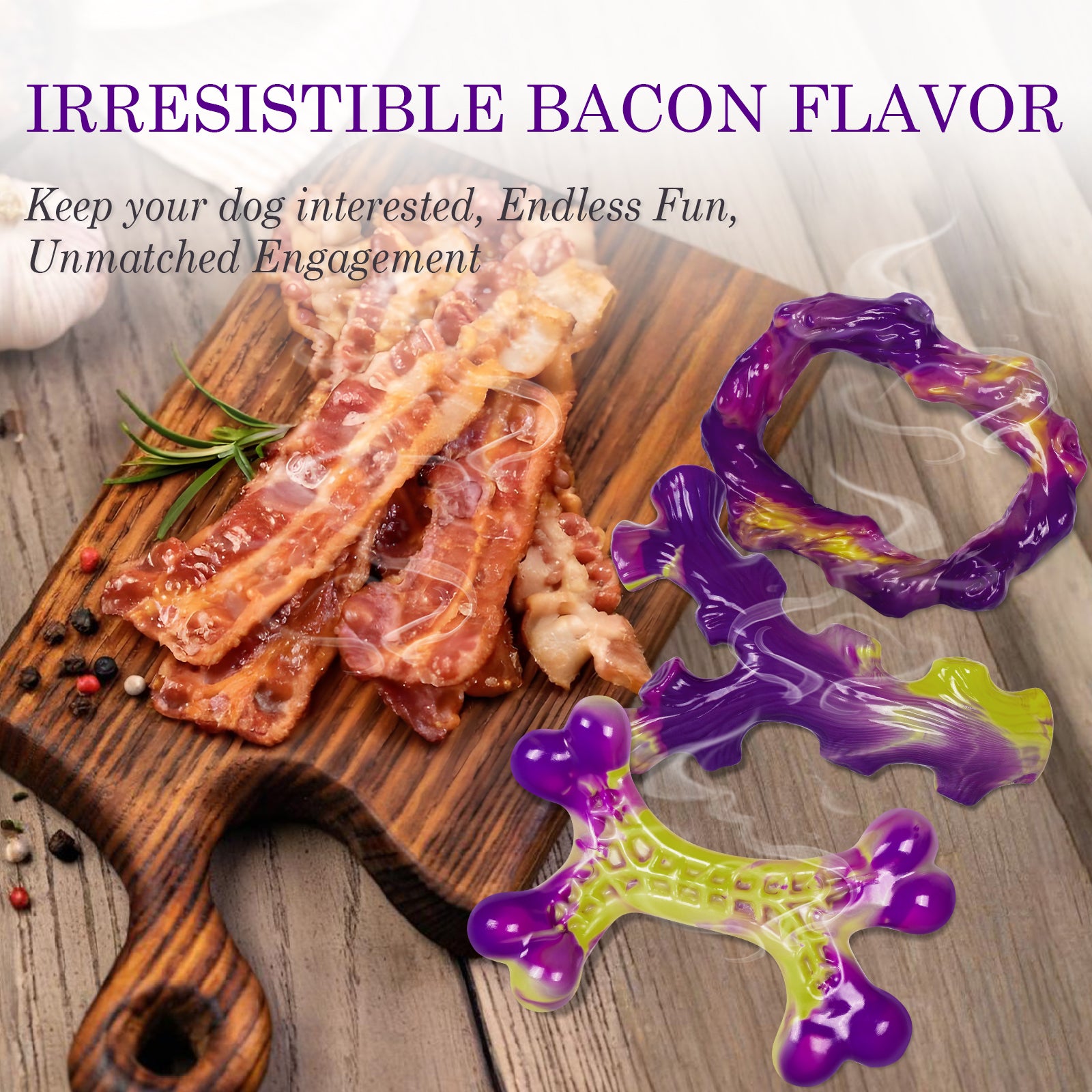 Tough Dog Toys for Aggressive Chewers 3 Pack, Indestructible Dog Toy for Large Dogs, Bacon Flavored, Keeps Dogs Busy