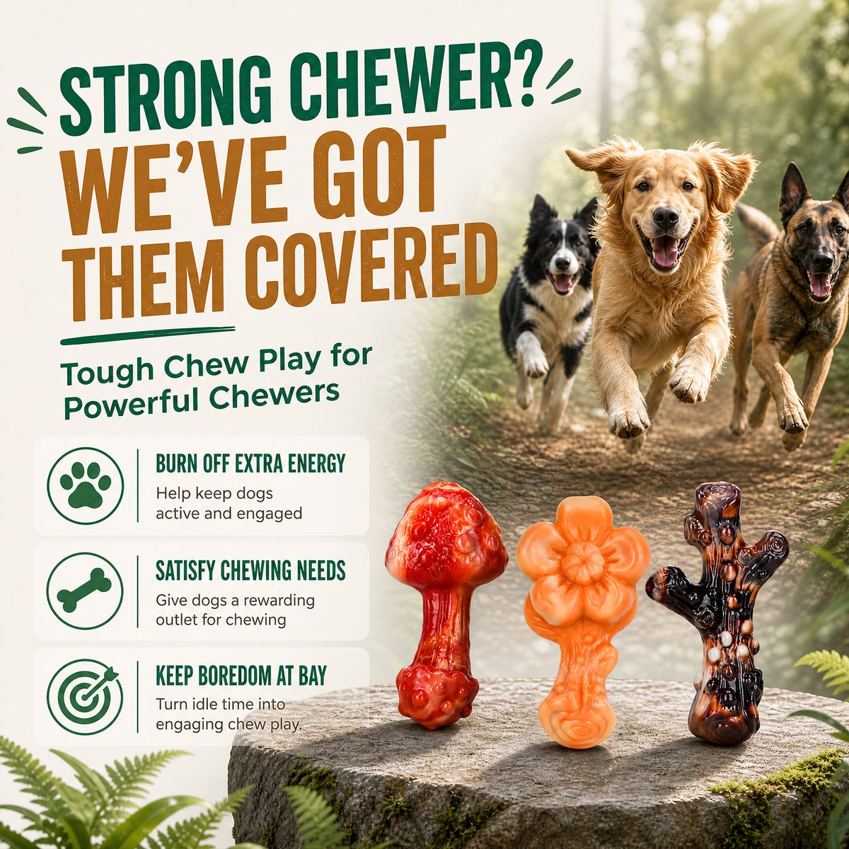 Frienhund 3-Pack Dog Toys for Aggressive Chewers, 25–65 lbs, Bacon Flavor Tough Dog Chew Toys for Medium & Large Dogs, Solid Nylon, Heavy-Duty Construction, Textured Surfaces & Fillable Grooves