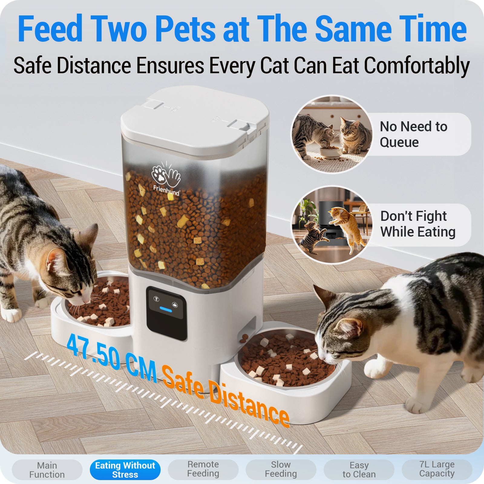 FrienHund 7L Automatic Cat Feeder for 2 Bowls with App with 5G WiFi Automatic cat food, dual band WiFi, slow feeding, dual power supply, Alexa compatible