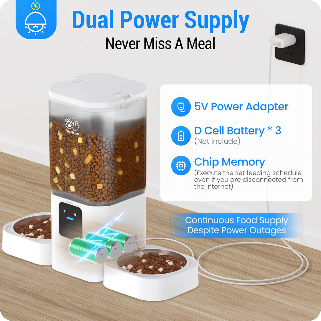 FrienHund 7L Automatic Cat Feeder for 2 Bowls with App with 5G WiFi Automatic cat food, dual band WiFi, slow feeding, dual power supply, Alexa compatible