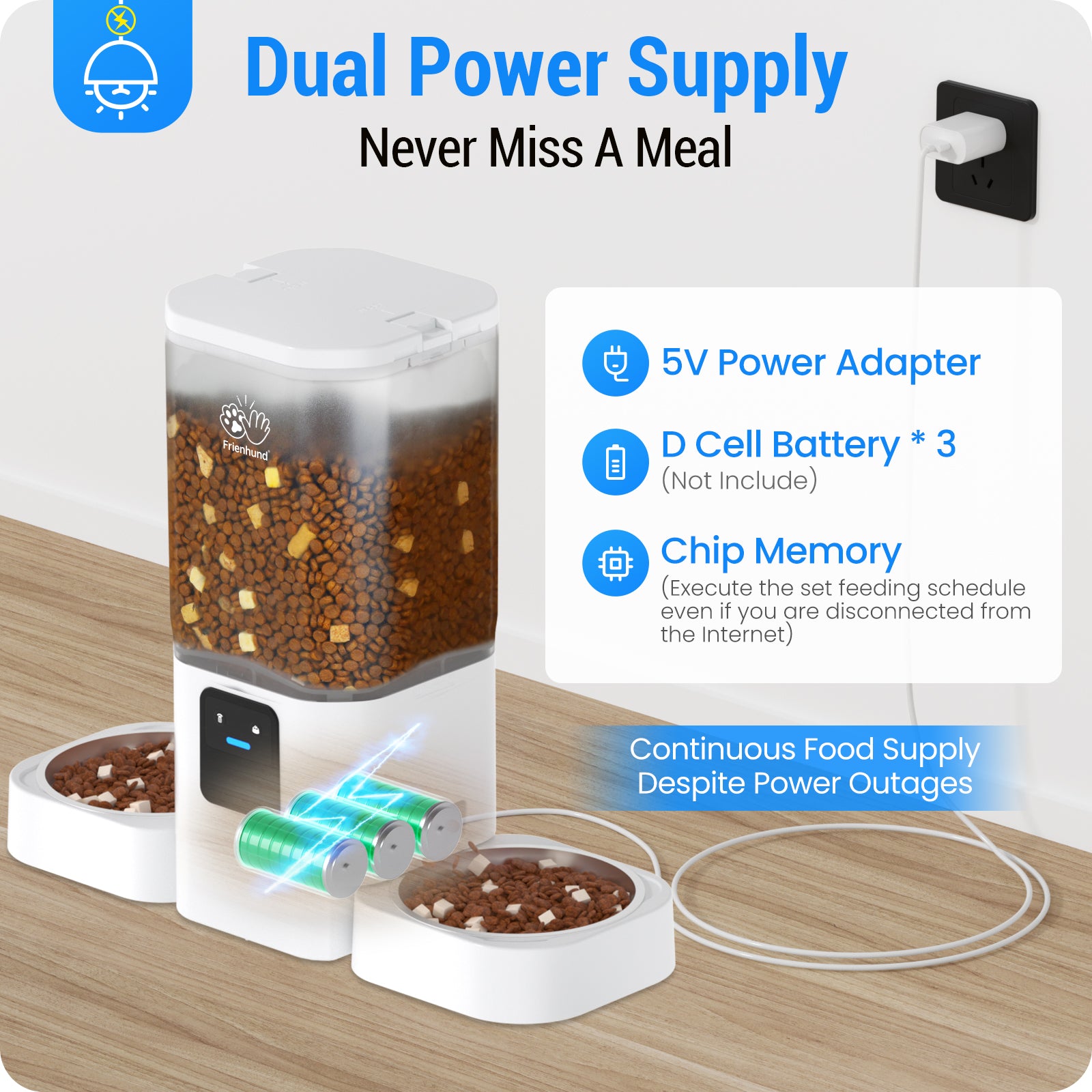 FrienHund 7L Automatic Cat Feeder for 2 Bowls with App with 5G WiFi Automatic cat food, dual band WiFi, slow feeding, dual power supply, Alexa compatible